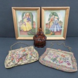 Vanity lot with trinket box, tapestry print purses and two Sandre lithographs