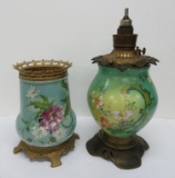 Two lovely oil lamp bases, metal and floral decorated, 15