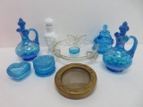 Vanity lot with covered trinket boxes, perfume, Fenton cruets and eagle dish