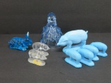 Boyd glass Louise figure, Sullivan blue milk glass pigs and blue rabbit