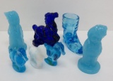 Six Western themed glass figures, horses, buckaroo, little Brave and cowboy boot, blue