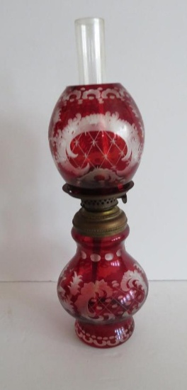 Miniature red cut to clear Bohemian style oil lamp, 10 1/2" tall