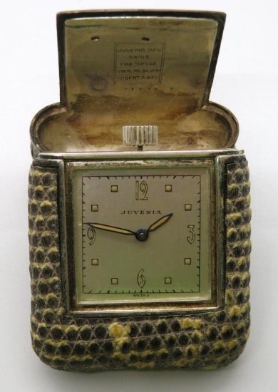 Juvenia Mfg Co, Art Deco Juvenia Sport pocket watch, snake skin style leather case, sterling silver