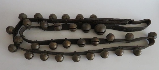 Sleigh bells on leather strap, 42" loop, about 84" in length