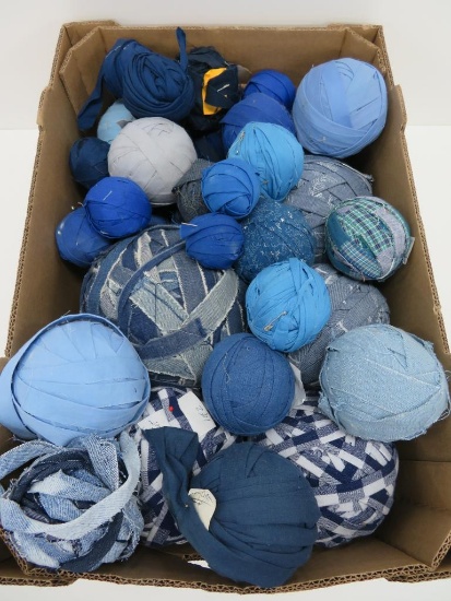 25 rag balls, blue ad white patterned, solids and denim, 4" to 7" diameter