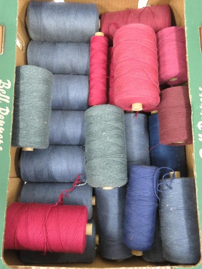 21 carpet warp, greens, maroons, and blues, 4" and 6 1/2" rolls