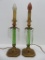 Two candlestick lamps, crystal green stems and prisms, 22