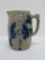 Blue and Gray stoneware milk pitcher, man with stick by tree, 8 1/2
