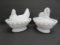 Two nice milk glass large covered dishes, hen on nest and lion, 8