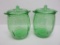 Two green depression grape etched covered counter jars, 8 1/2