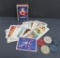 Pin Up Novelty playing cards, five clay poker chips, bull dog, elk and star
