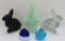 Glass rabbits, covered dishes and basket, Easter decor lot