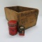 Wickwire Brothers wood box and Keuffel & Esser Co tin with flexible leveling Rod