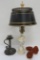 Lighting lot, alabaster table lamp with metal shade, three glass beaded bulb shades & candlestick
