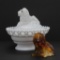 Westmoreland covered lion dish, milk glass and Mosser glass lion