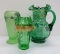 Hand painted lemonade pitcher and two vases, green glass