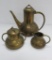 Three pieces of German brass, tea service, teapot, cream and sugar, 2 1/2