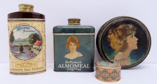 Four vintage tins, vanity tins, Talc, Almomeal, Eye-lsh-ine and Beautebox