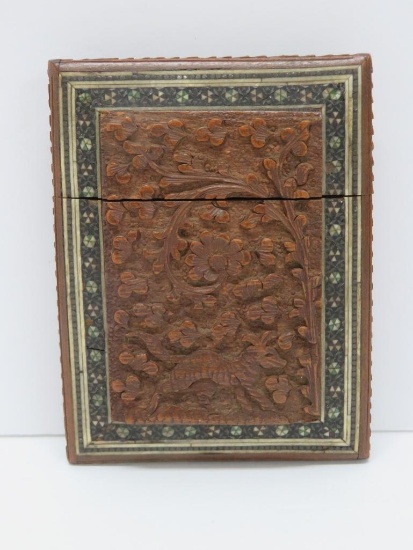 Lovely carved and inlay calling card holder, 4" x 3 1/4"