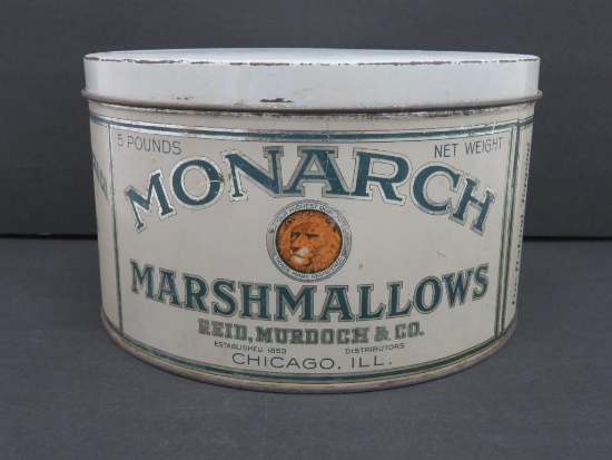 5 lb Monarch Marshmallow tin, 10" round, 6" tall
