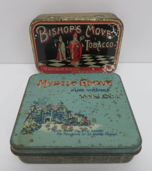 Two tobacco pocket tins, Myrtle Grove and Bishops Move, 3"
