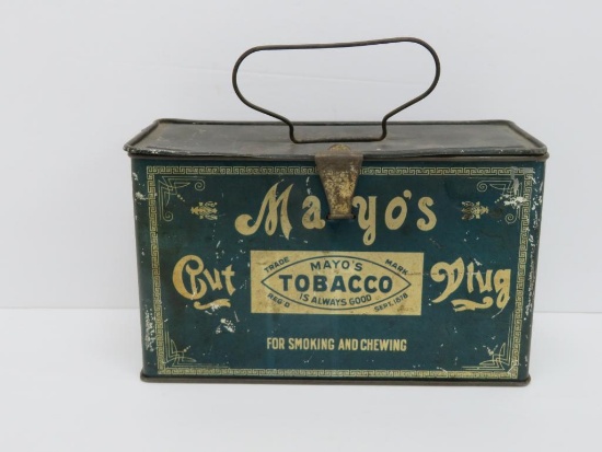 Mayo's Cut Plug tobacco tin, lunch pail style, 8 " x 3 1/2"