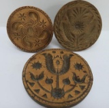 Three wooden patterned butter presses, great designs, 3 3/4