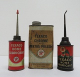 Three Texaco tins, Home lubricant and metal chrome polish, 4 3/4