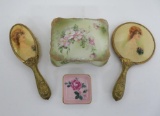 Vanity lot with hand painted box and celluloid pretty lady brush and mirror with mermaid handles