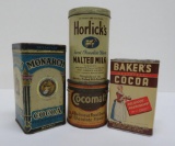 Four vintage cocoa tins, Monarch, Horlick, Bakers, and Cocomalt, 3 1/2