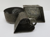 Three Lovely antique pierced tin cheese strainers, heart, diamond and circle, 5
