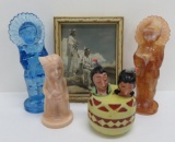 Native American themed lot with salt and pepper shakers, glass figures and 1941 colorized photo