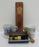 Two shaving mugs, occupational, two brushes and shaving strap