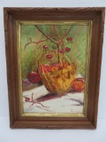 Mary Grace Powers oil on board, apples in basket, framed 13 1/2