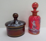 Mary Gregory ruby and cranberry covered dish and cologne bottle
