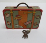 Louis Marx tin litho luggage bank with key, great color and litho, 4