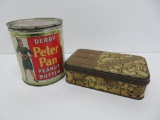Two vintage nut tins, Derby Peter Pan Peanut Butter and EF Kemp Salted mixed nuts