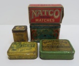 Four vintage metal tobacco tins and Natco Matchbox