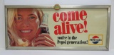 Teem beverage metal frame with Pepsi-Cola Come Alive cardboard advertising sign, 29