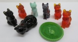 Mosser Glass mini plate and seven glass Cat figurines