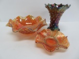 Three pieces of carnival glass, Sailboat and Northwood Tree Trunk