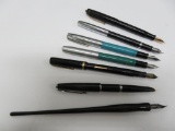 Seven fountain pens, Sheaffer, Parker, Scripto, Wearever, and Diamond