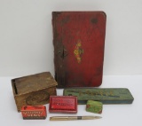 Vintage desk items, wood paper clip box, pencil tin, push pin tin and ink pad tin
