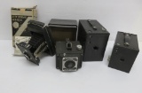 Four vintage cameras, Brownie box, Traveler and Kodak Jiffy folding in box