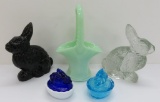 Glass rabbits, covered dishes and basket, Easter decor lot
