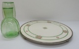Green depression glass tumble up and deco style pedestal tray, 12