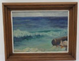 C 1950 oil on board of Lake Michigan beach by Mary Grace Powers, 16