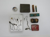 Vintage fishing lot with Osprey hook tin, Al Foss Pork Rind Minnow tin, hooks and wire