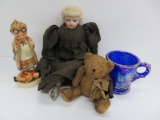 Vintage toy and figurine lot, Teddy bear, mug, doll and Hummel