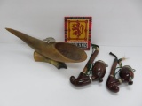Smoking lot with Briar pipes and horn pipe holder ash tray